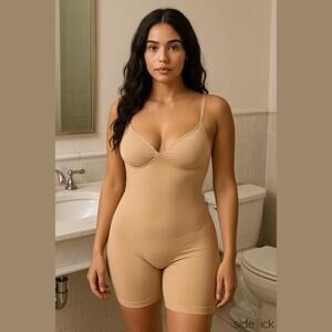 Skims Sculpting Bodysuit Mid Thigh With Open Gusset‎ Size S/M Beige Tan